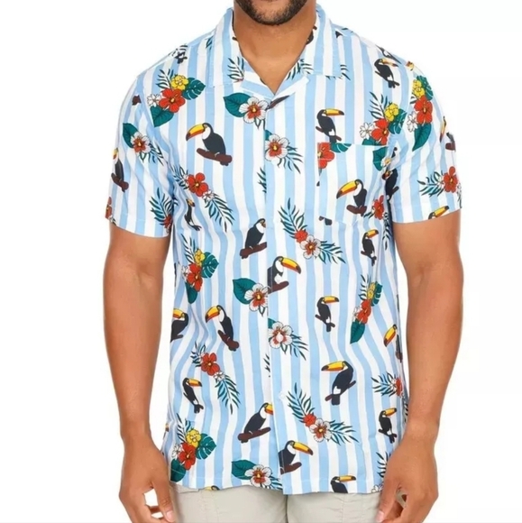 VSTR Toucan Play At That Game Tropical Floral Stripe Print Button Down Size L - Picture 3 of 16